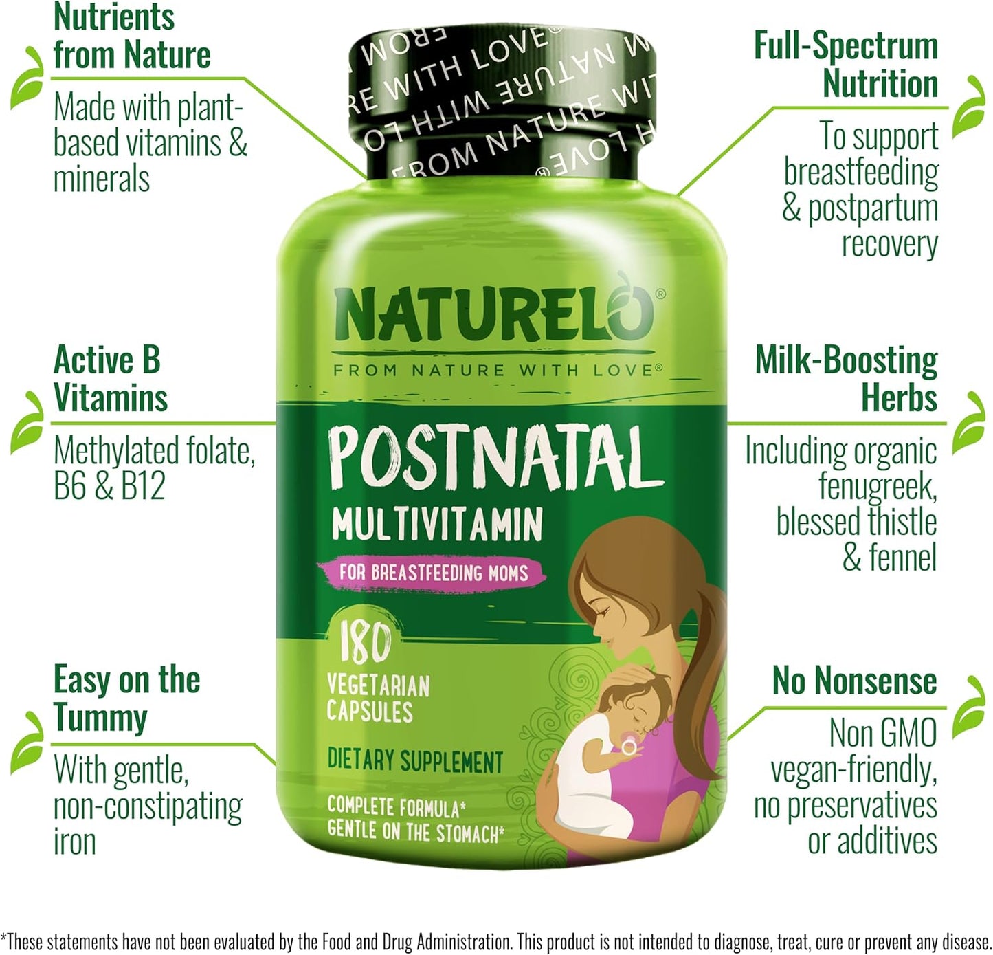 NATURELO Postnatal Multivitamin - Supplement for Breastfeeding Women - Plant-Based Vitamin D, Folate, Gentle Iron - for Nursing Mother, Baby - Post Natal Lactation Support 180 Capsules - Nirvana Guru