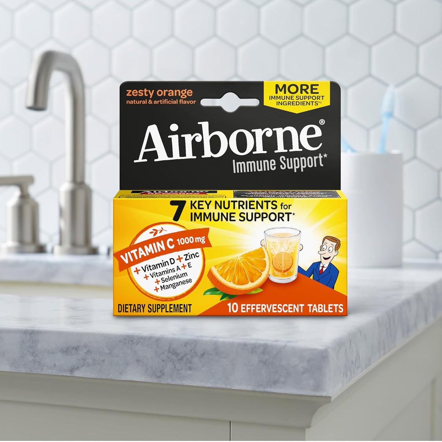 Airborne 1000mg Vitamin C with Vitamin D & Zinc, Sugar Free Multivitamin Immune Support Supplement, Antioxidants Vitamins A C & Vitamin E, 10 Effervescent Tablets, Zesty Orange Flavor Nirvana Guru