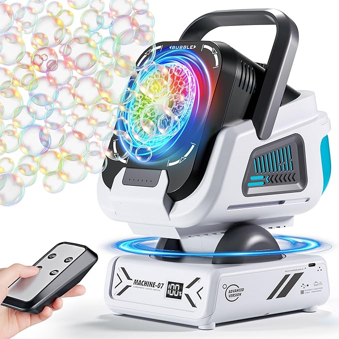 2025 Upgraded Bubble Machine with Remote Control, Automatic Rotation & RGB Lights, 1800mAh Rechargeable Battery, Type-C Charge, Bubble Maker for Kids, Weddings, Birthday Parties, Outdoor Activities Nirvana Guru