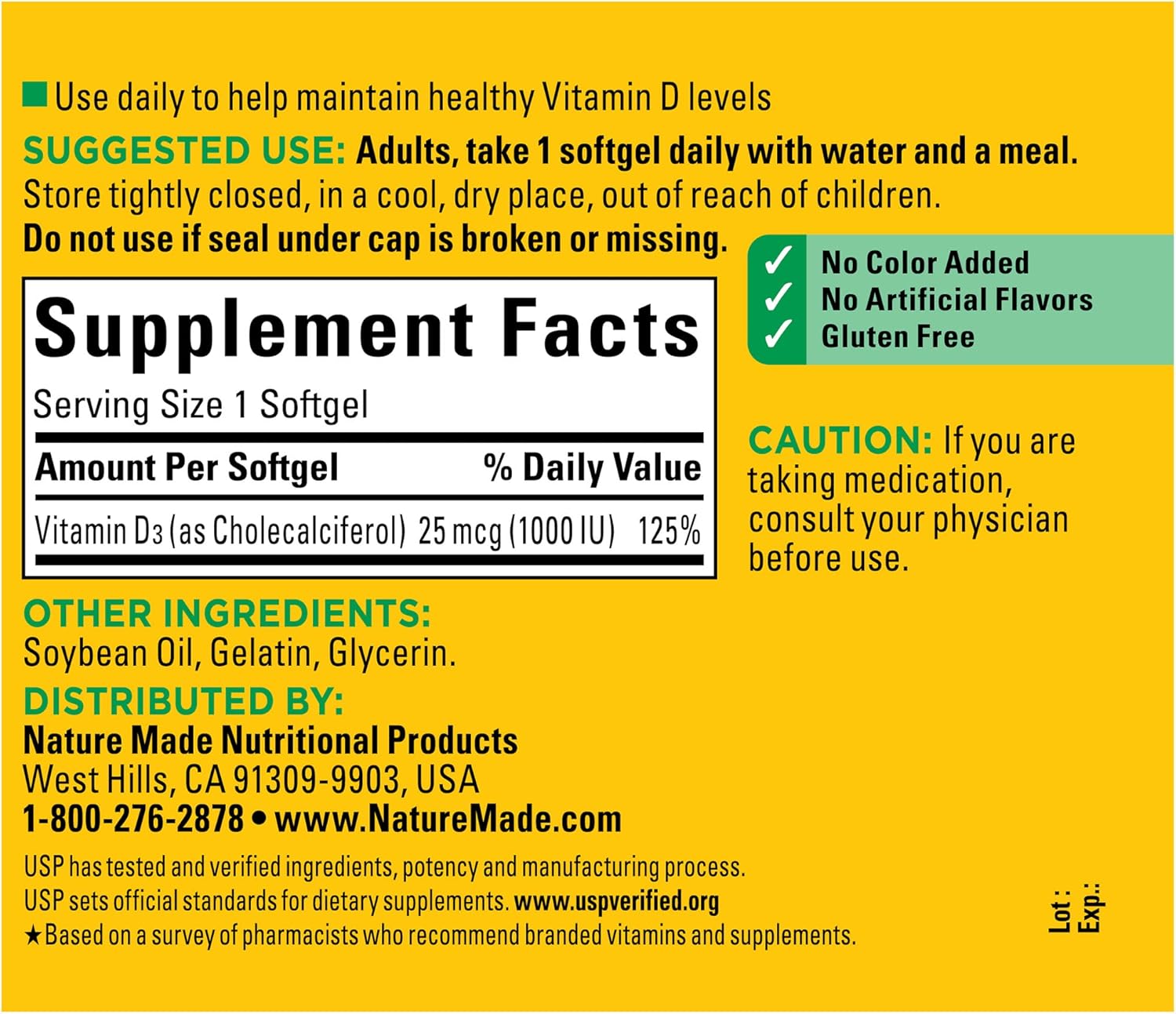 Nature Made Vitamin D3 1000 IU (25 mcg), Dietary Supplement for Bone, Teeth, Muscle and Immune Health Support, 300 Softgels, 300 Day Supply - Nirvana Guru