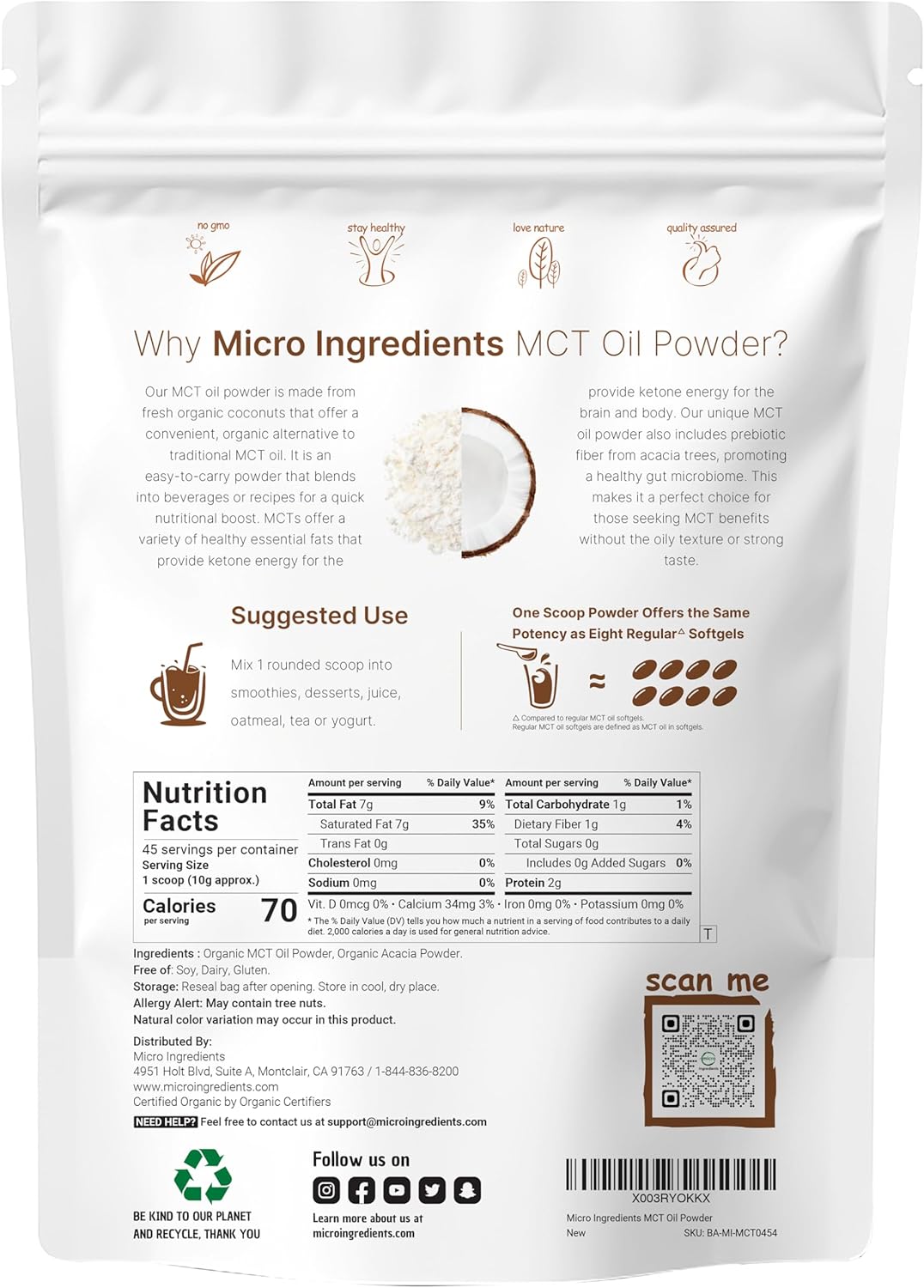 Organic MCT Oil Powder with Prebiotic Fiber,1 Pound(16 Ounce), Fast Fuel for Body and Brain, C8 MCT Oil for Coffee Creamer, No GMOs, Keto Diet, Vegan