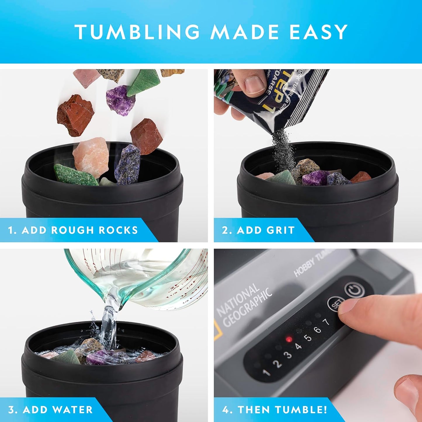 Blue Marble National Geographic Rock Tumbler Kit – Hobby Edition Includes Rough Gemstones, and 4 Polishing Grits, Great STEM Science Kit for Geology Enthusiasts, Rock Polisher for Kids and Adults Nirvana Guru