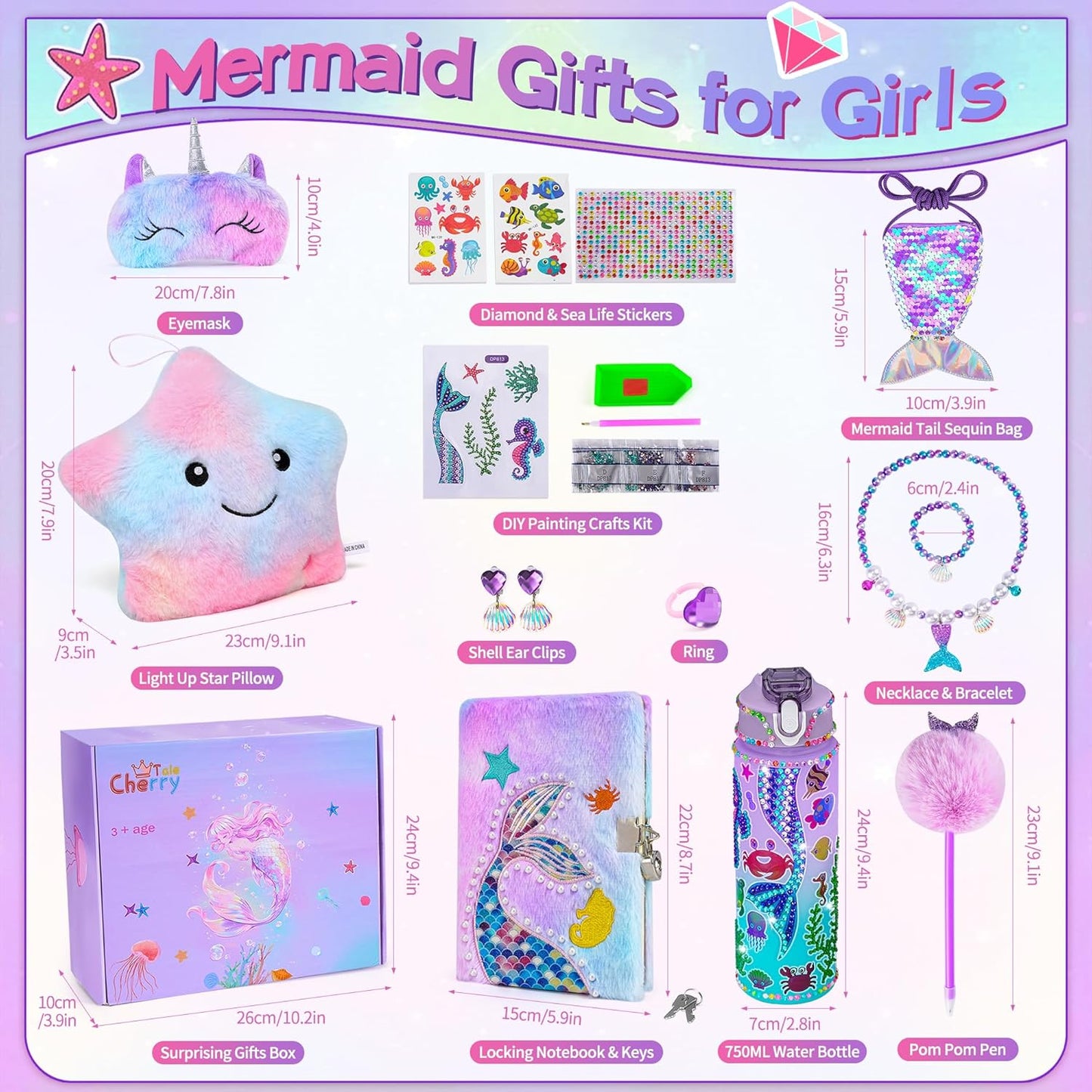 Cherry Tale Mermaid Toys Gifts for Girls 4-6 7 8 9 10 Years Old, Girls Birthday Gifts Set with Light Up Star Pillow Diary Plush DIY Water Bottle Kits, for Daughter Niece Christmas Nirvana Guru
