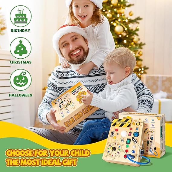 Busy Board, Montessori Toy for 1-3 Years Old, Wooden Toddler Sensory Travel Toy, Ideal Gift for 1+ Year Old Boys (Busy Board Plus V2), Medium, Yellow nirvanaguru