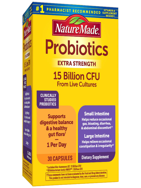 Nature Made Probiotics for Digestive Health Extra Strength 15 Billion CFU from Live Cultures, Probiotics for Women and Men, 30 Probiotic Capsules, 30 Day Supply - Nirvana Guru
