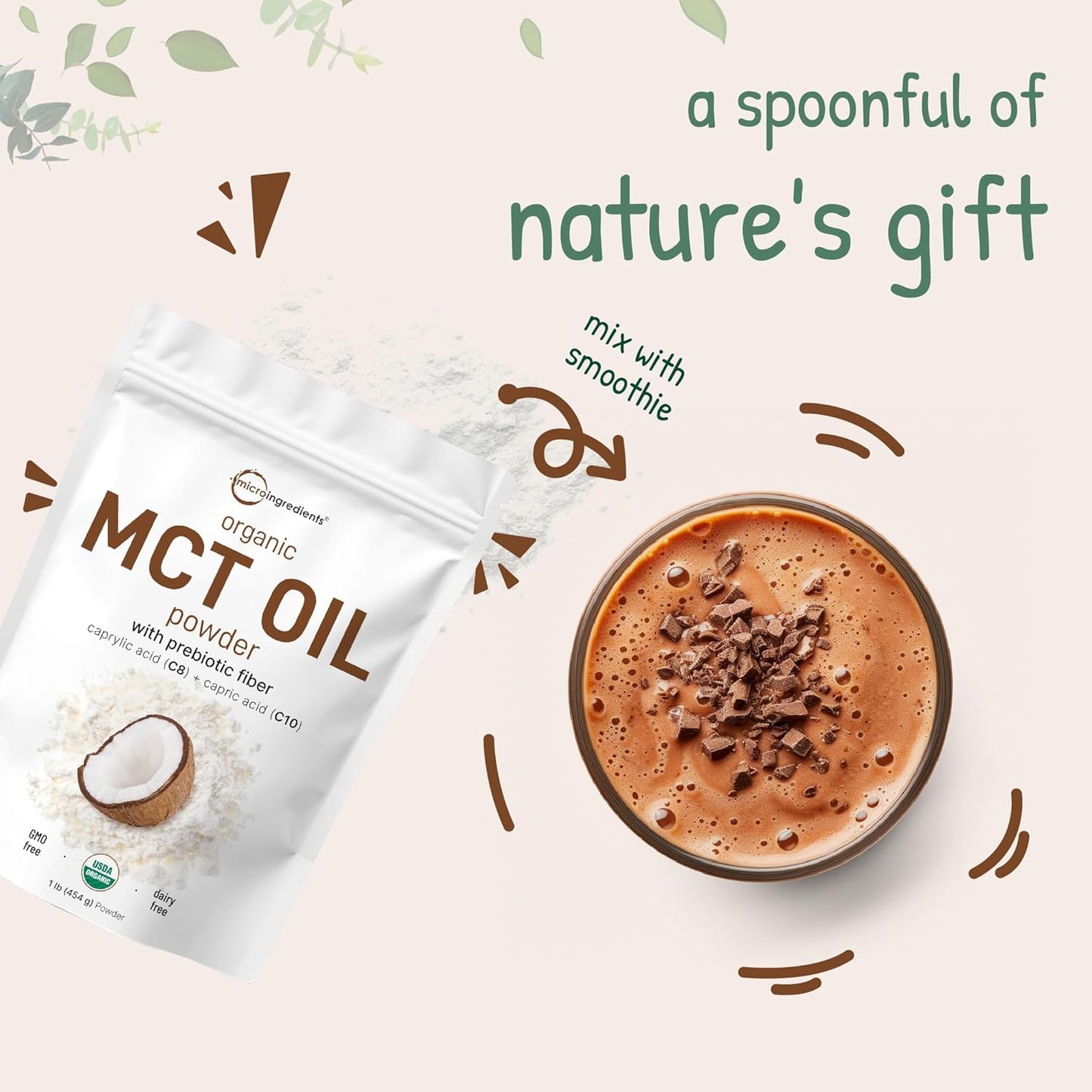 Organic MCT Oil Powder with Prebiotic Fiber,1 Pound(16 Ounce), Fast Fuel for Body and Brain, C8 MCT Oil for Coffee Creamer, No GMOs, Keto Diet, Vegan