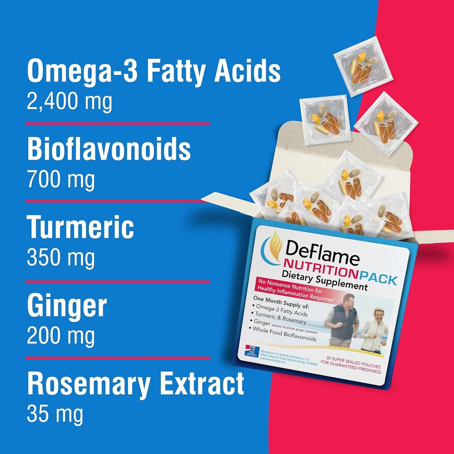 DeFlame Nutrition Pack Supplement - 30 Daily Multivitamin Packs - Omega 3 Fish Oil with EPA and DHA, Rosemary, Bioflavonoids, Ginger, Curcumin Turmeric Supplement Nirvana Guru