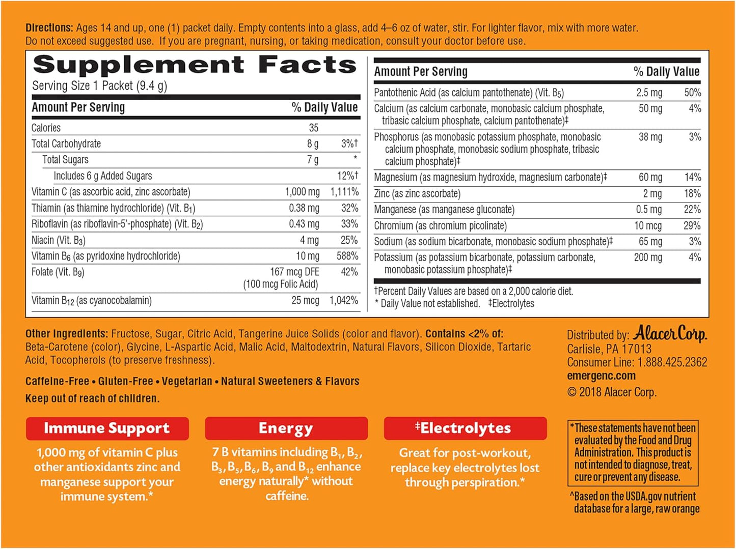 Emergen-C 1000mg Vitamin C Powder for Daily Immune Support Caffeine Free Vitamin C Supplements with Zinc and Manganese, B Vitamins and Electrolytes, Super Orange Flavor - 30 Count Nirvana Guru