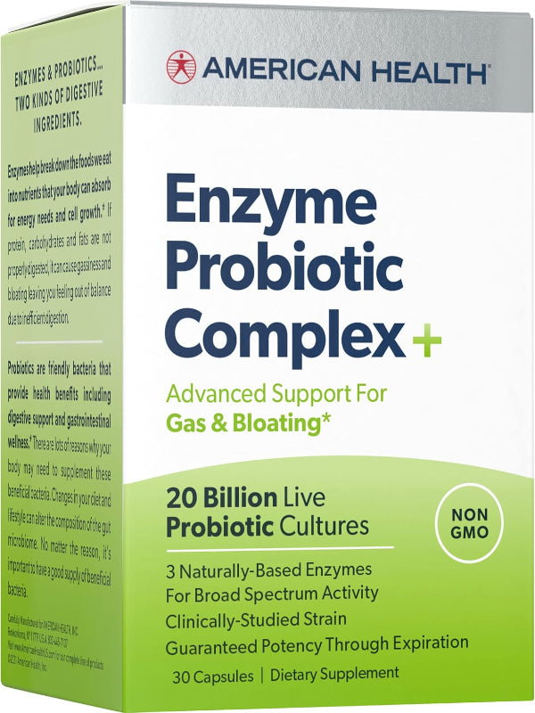 AMERICAN HEALTH Enzyme Probiotic Complex Plus, 20 Billion Microorganisms - Clinically Studied Strain - Advanced Support for Gas & Bloating* - Non-GMO - 30 Capsules, 30 Total Servings - Nirvana Guru