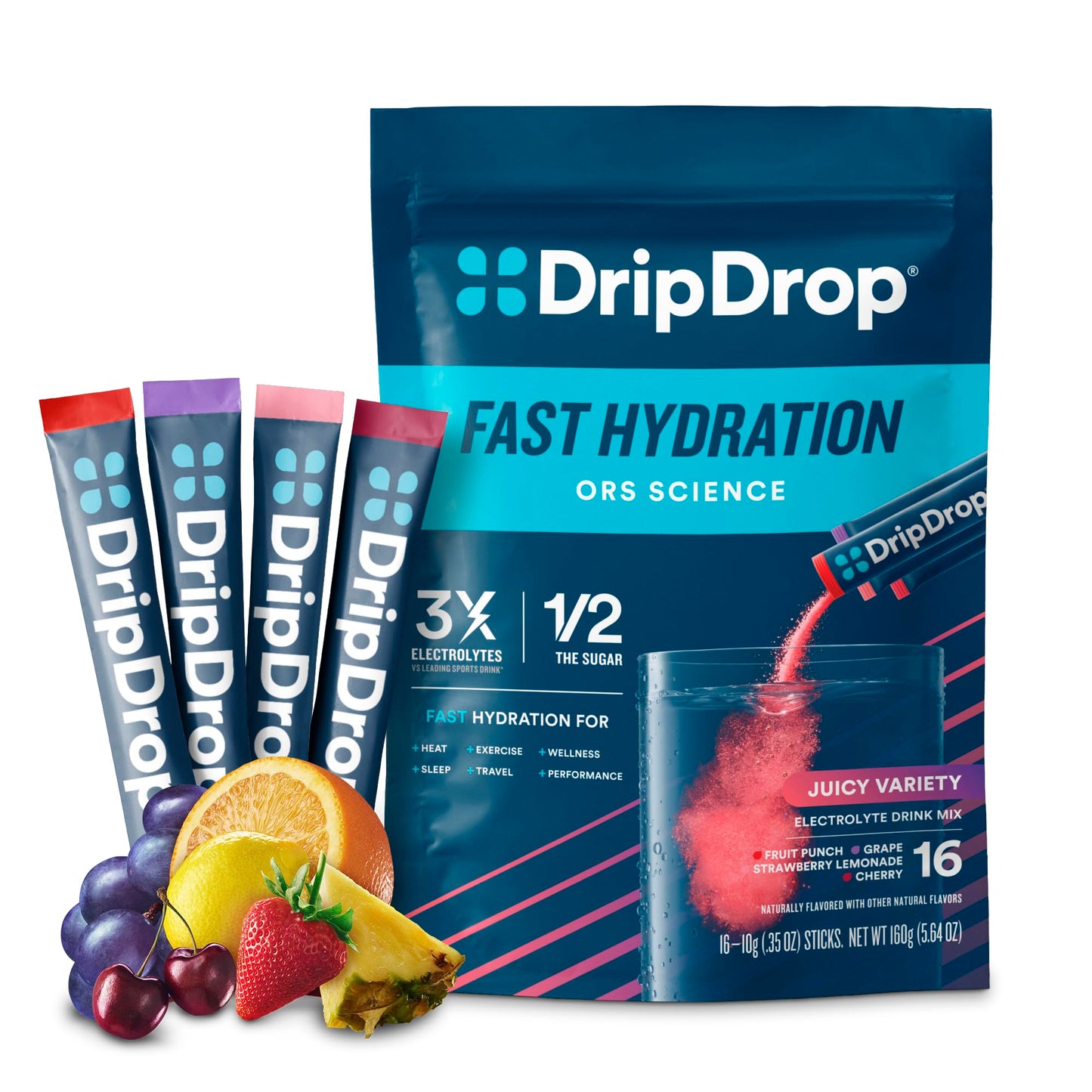 DripDrop Hydration Packets - Juicy Variety Pack - Single Serve Electrolytes Powder Drink Mix - Grape, Fruit Punch, Strawberry Lemonade, Cherry - Non-GMO, Gluten Free, Vegan - 16 Sticks - Nirvana Guru