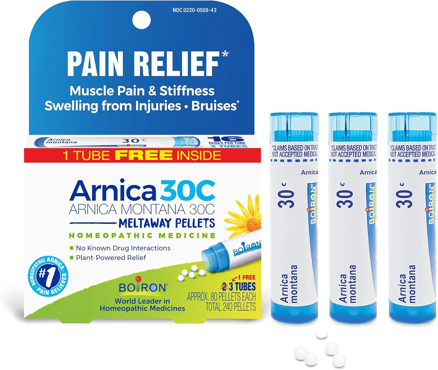Boiron Arnica Montana 30C Homeopathic Medicine for Relief from Muscle Pain, Muscle Stiffness, Swelling from Injury, and Discoloration from Bruises - 3 Count (240 Pellets) - Nirvana Guru