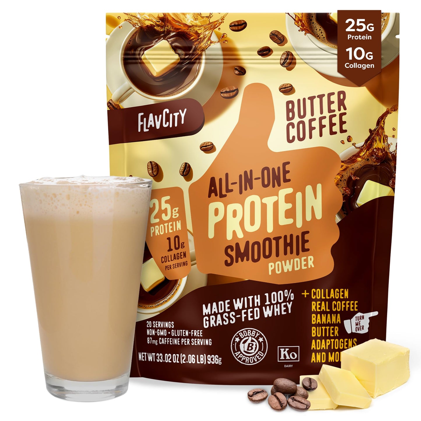 FlavCity Grass Fed Whey Protein Powder - Vanilla Smoothie - 25g Protein & 10g Collagen - Made with Real Vanilla Bean & Organic Coconut Milk - Gluten Free & No Added Sugars (20 Servings)