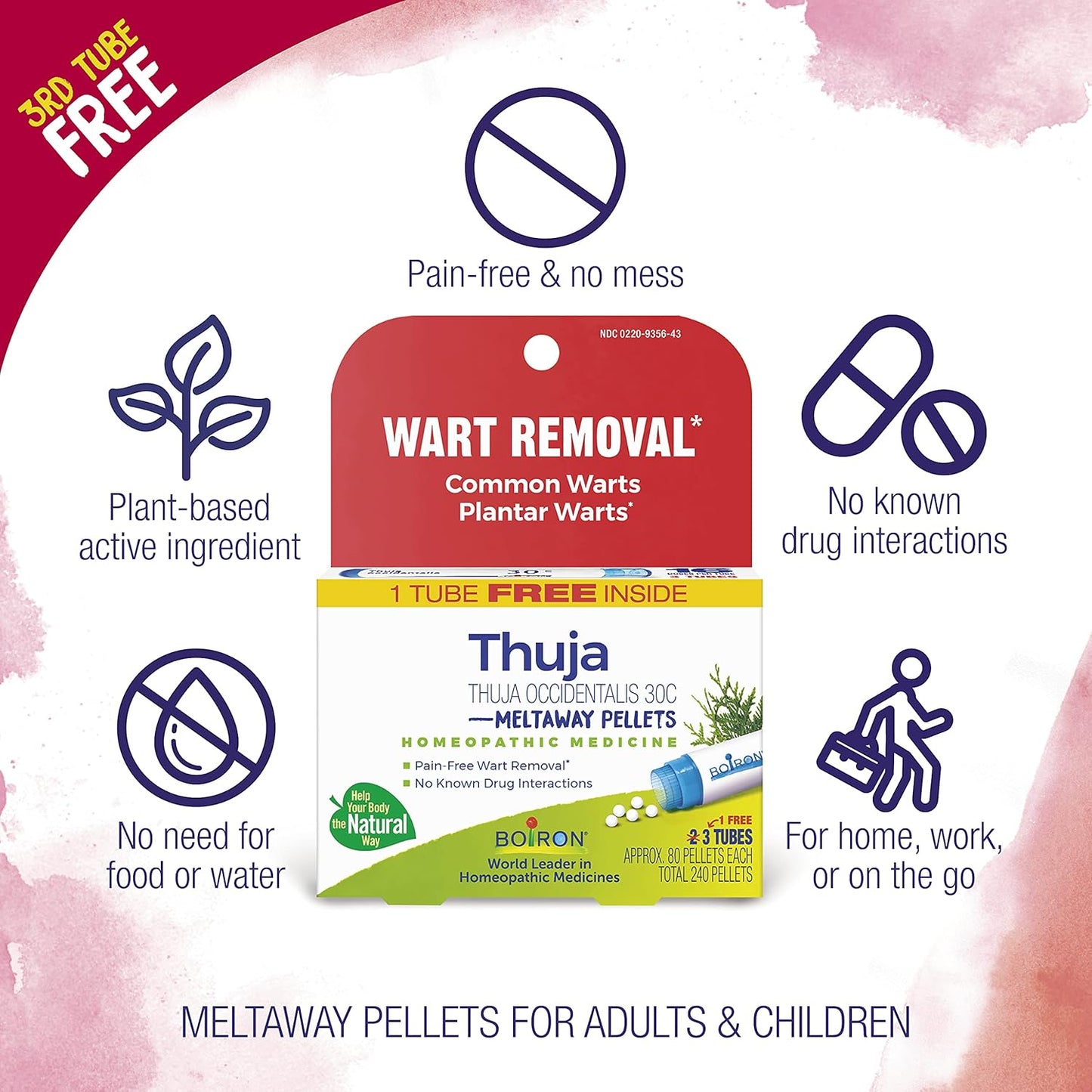 Boiron Thuja Occidentalis 30C Wart Removal Homeopathic Medicine for Painless Removal of Warts from Plantar (Feet), Hands, and Other Bodily Warts - 3 Count (240 Pellets) - Nirvana Guru