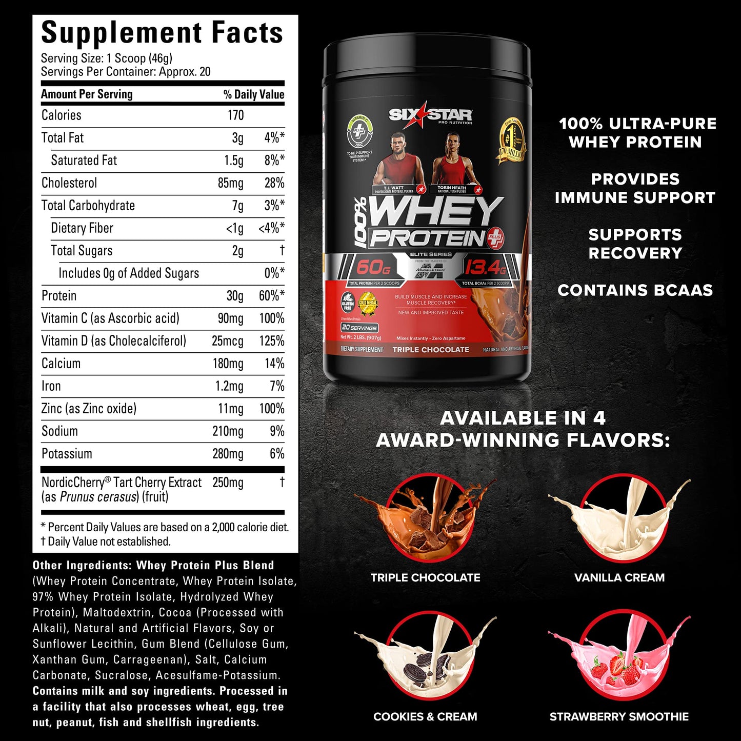 Six Star Whey Protein Powder Plus - Muscle Building & Recovery Formula with Whey Isolate Powder, BCAAs, 30g Protein, Immune Support - Post-Workout Supplement - Triple Chocolate, 1.8 lbs
