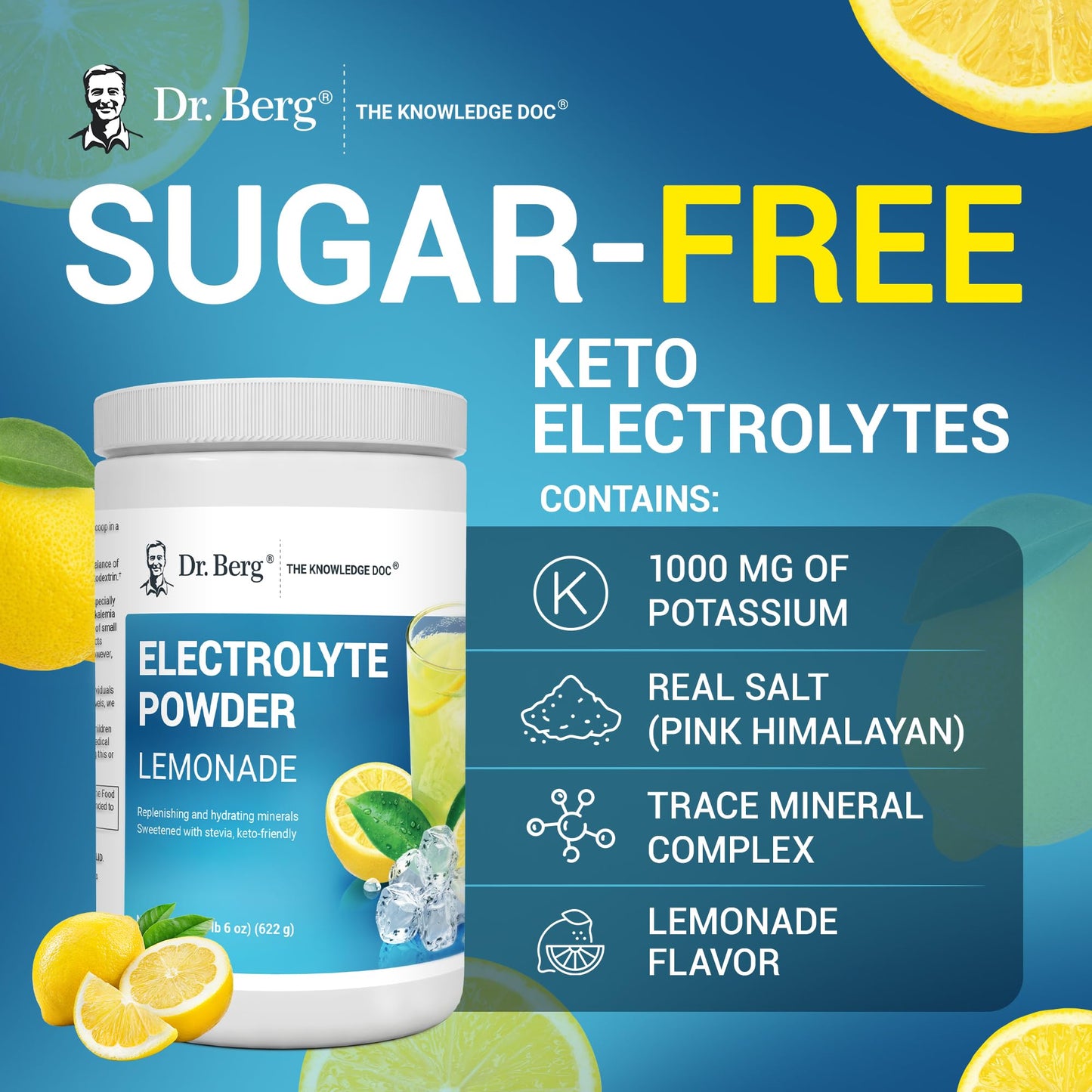 Dr. Berg Zero Sugar Hydration Keto Electrolyte Powder - Enhanced w/ 1000 mg of Potassium & Real Pink Himalayan Salt (NOT Table Salt) - Raspberry & Lemon Flavor Hydration Drink Supplement, 100 Servings