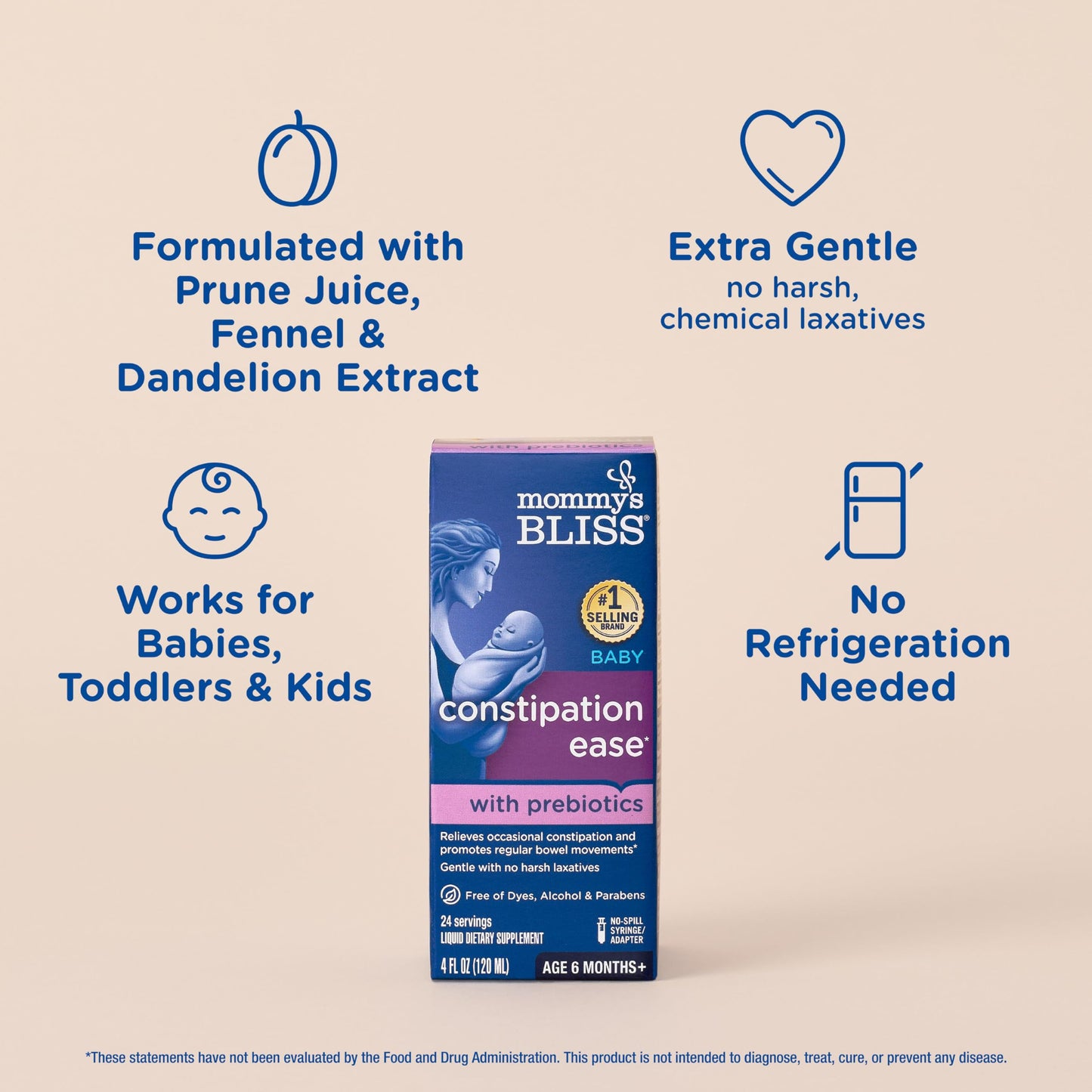 Mommy's Bliss Constipation Ease + Prebiotics, Relieves Occasional Constipation, Gentle & Safe, No Harsh Laxatives, 4 Fl Oz Bottle (Pack of 1) Nirvana Guru
