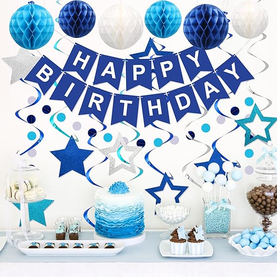 meowtastic Birthday Decorations, Happy Birthday Banner with Honeycomb Balls, Stars Hanging Swirl Streamers, Circle Dots Garland, Happy Birthday Party Decorations for Women Men Boys Girls (Blue) nirvanaguru