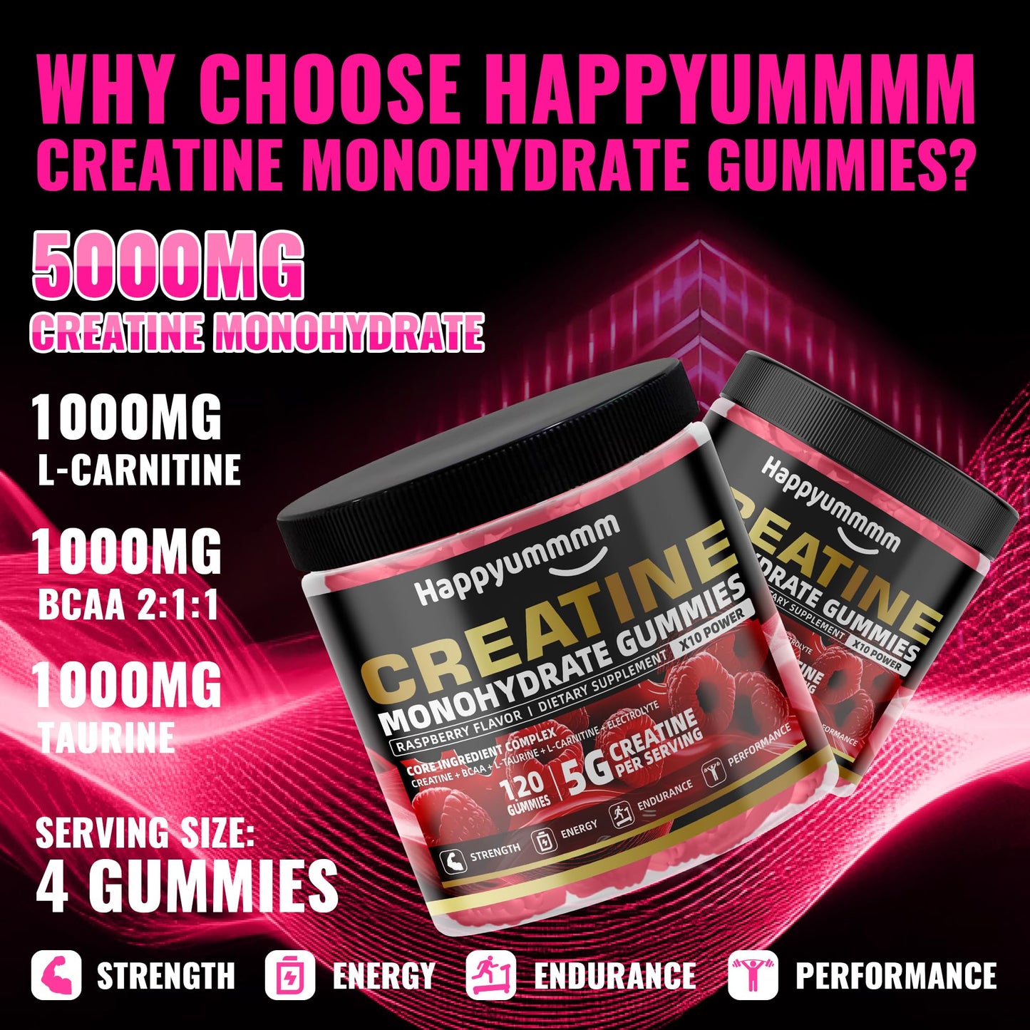 Creatine Monohydrate Gummies 5000mg for Men & Women, Chewables Creatine Monohydrate for Muscle Strength, Muscle Builder, Energy Boost, Pre-Workout Supplement(90 Count)-Strawberry.