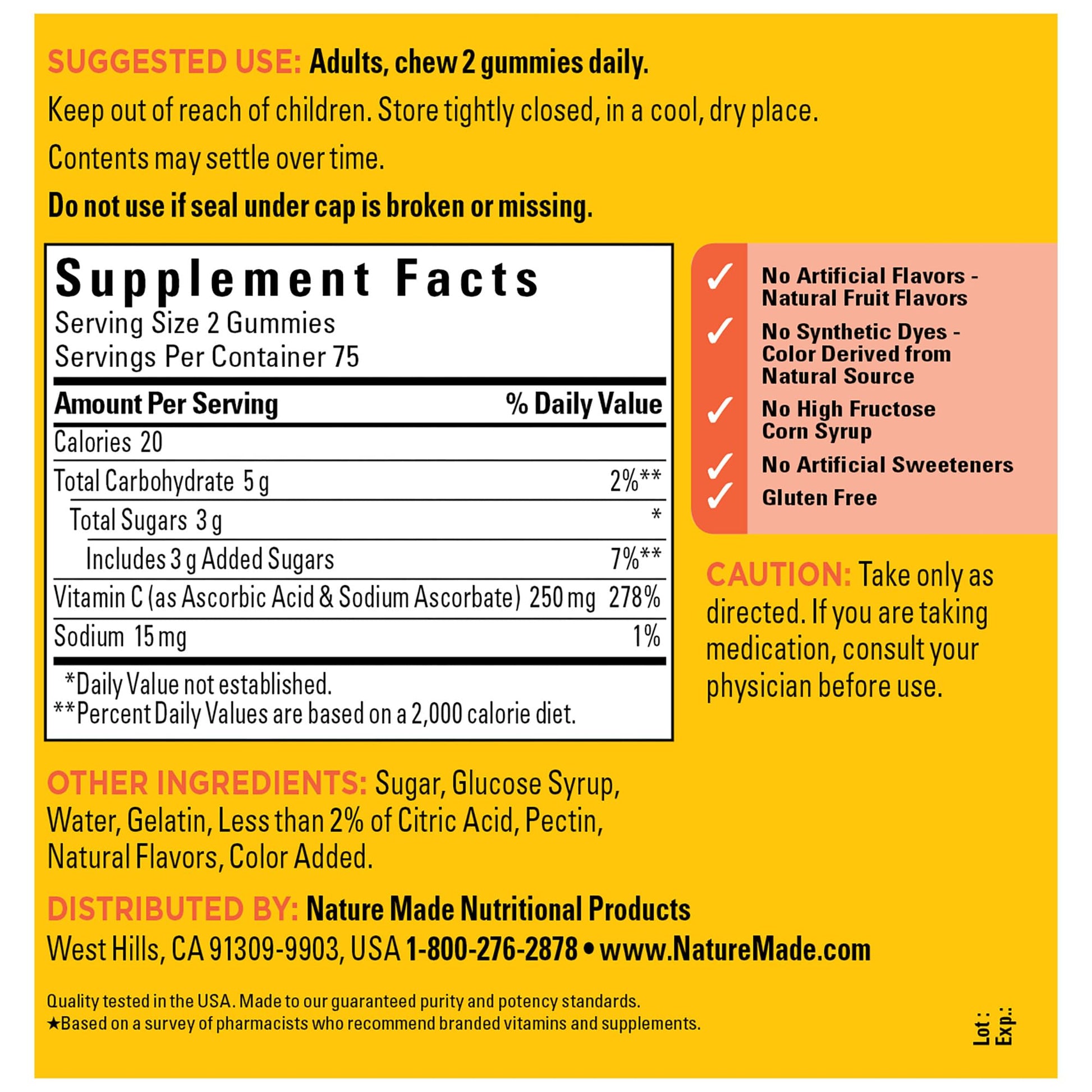 Nature Made Vitamin C 250 mg per serving, Dietary Supplement for Immune Support, 150 Gummies, 75 Day Supply - Nirvana Guru