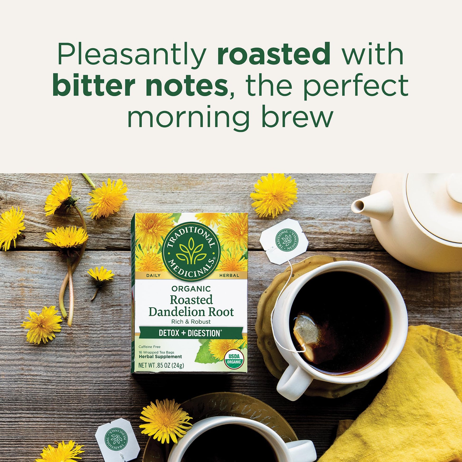 Traditional Medicinals Tea, Organic Roasted Dandelion Root, Supports Kidney Function & Healthy Digestion, 96 Tea Bags (6 Pack) - Nirvana Guru