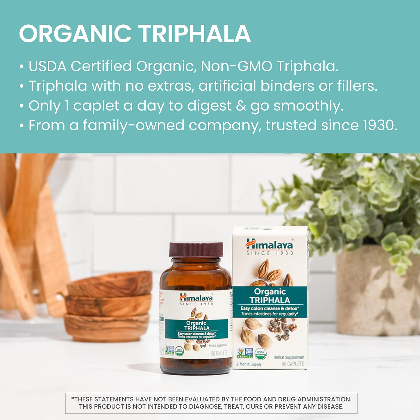 Himalaya Organic Triphala, 2 Month Supply, for Colon Cleanse, Detox & Occasional Constipation, USDA Certified Organic, Non-GMO, Gluten-Free, Extract & Powder Herbal Supplement, 688 mg, 60 Caplets - Nirvana Guru