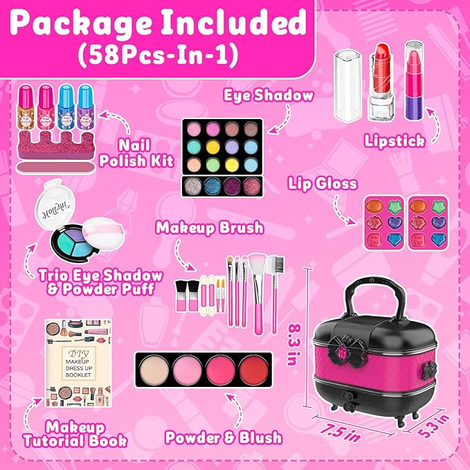 Hollyhi 58 Pcs Kids Makeup Kit for Girl, Princess Toys Real Washable Cosmetic Set with Mirror, Kids Makeup Sets for Girls, Play Make Up Birthday Gifts for 3 4 5 6 7 8 9 10 11 12 Years Old Kid (Rose) nirvanaguru