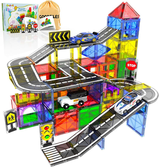 Magnetic Tiles - Road Set, Magnetic Building Blocks, Preschool Montessori Toys Gift for 3+ Year Old Boys and Girls, Sensory Travel Toys for Kids Aged 3-5 and 4-8, Ideas for Toddler with Autism Nirvana Guru