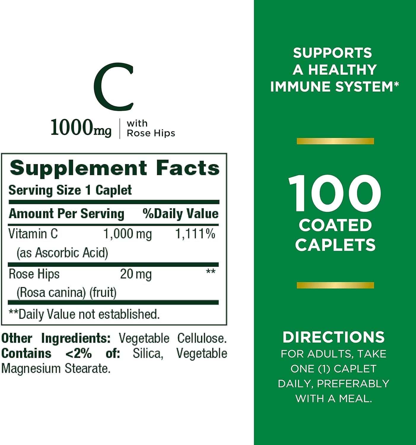 Nature's Bounty Vitamin C + Rose HIPS, Immune Support, 1000mg, Coated Caplets, 100 Ct Nirvana Guru
