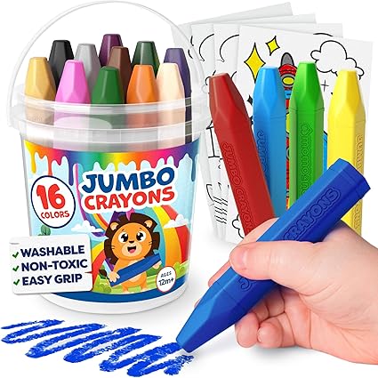 Jumbo Crayons For Toddlers 1-3 - 16pc Toddler Crayons For Kids Ages 4-8 1-3 2-4 - With Printed & PDF Crayon Color Sheets - Non Toxic, Washable, Large & Easy To Grip - Toddler Coloring Art Supplies nirvanaguru