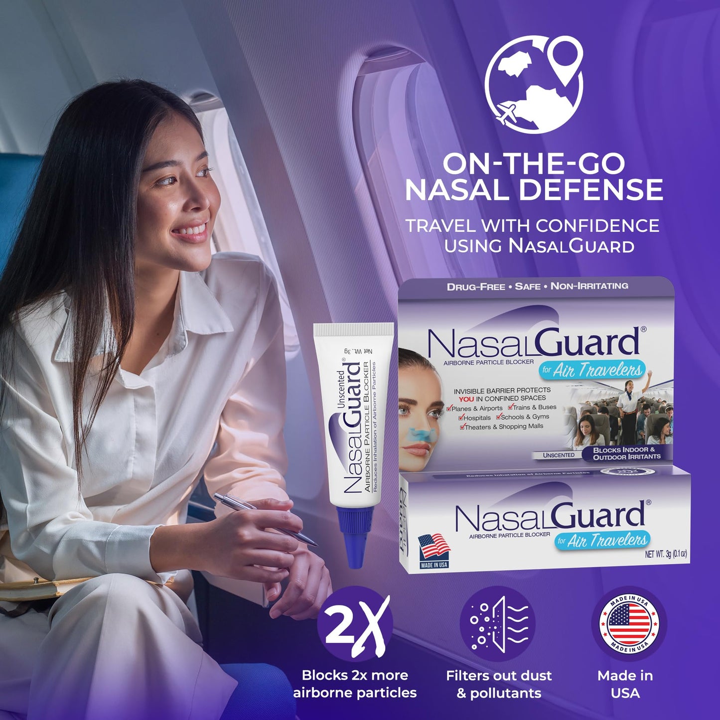 Airborne Particle Blocker Nasal Gel for Air Travelers - Drug-Free, Non-irritating, Non-drowsy, Airplane Travel Approved (Unscented) - Over 150 Applications Per Tube (0.1 oz, Pack of 1) Nirvana Guru