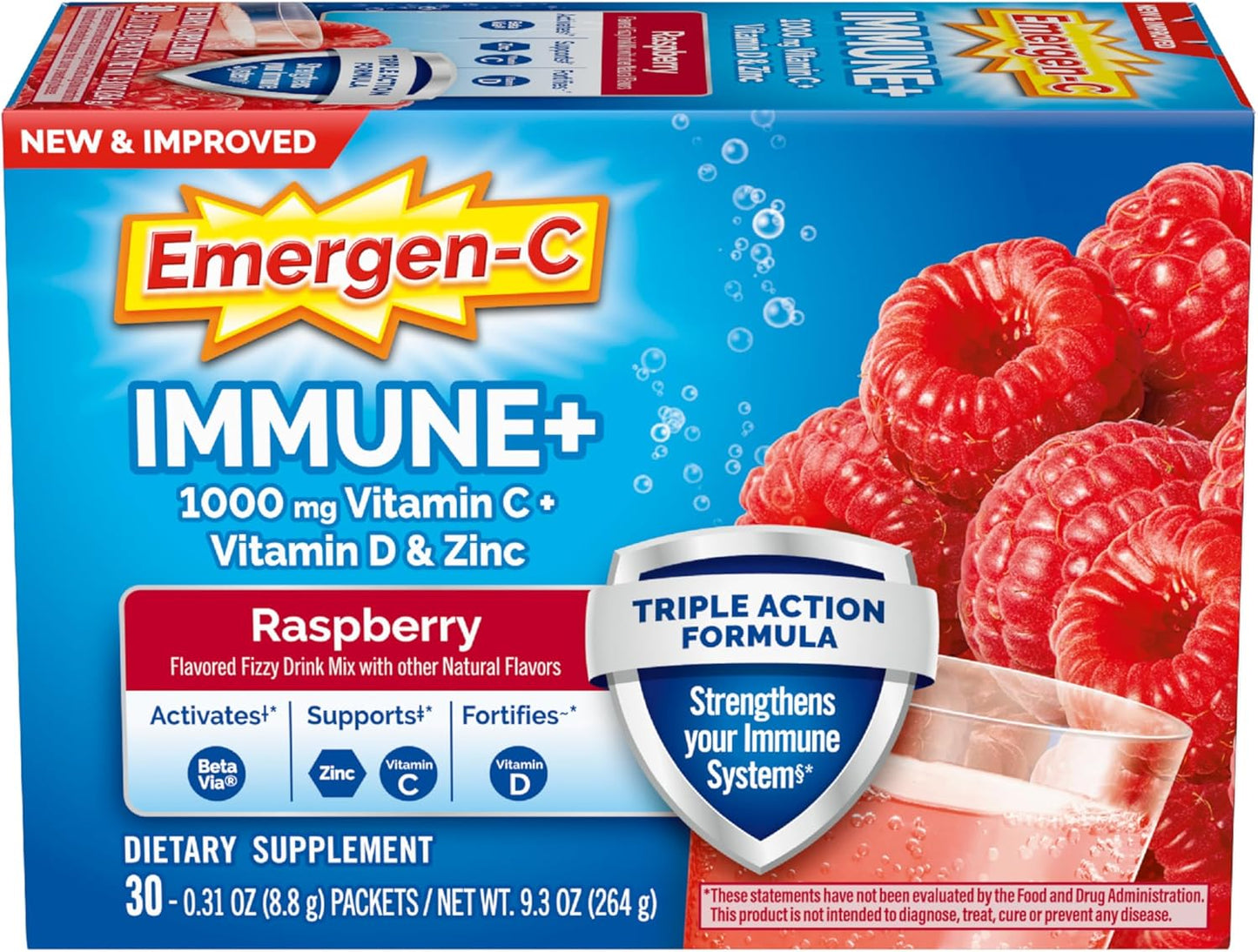 Emergen-C Immune+ Triple Action Immune Support Powder, BetaVia (R), 1000mg Vitamin C, B Vitamins, Vitamin D and Antioxidants, Raspberry – 30 Count Nirvana Guru