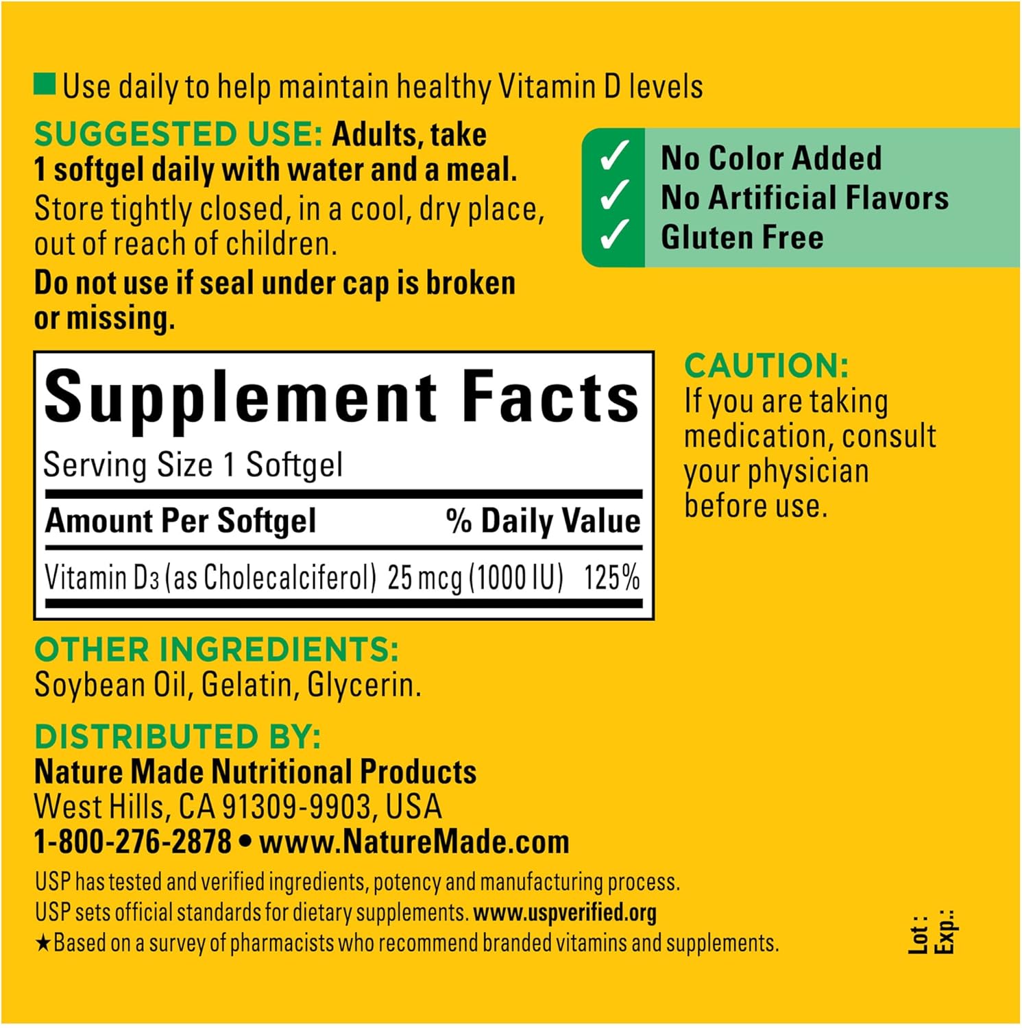 Nature Made Vitamin D3 1000 IU (25 mcg), Dietary Supplement for Bone, Teeth, Muscle and Immune Health Support, 300 Softgels, 300 Day Supply - Nirvana Guru