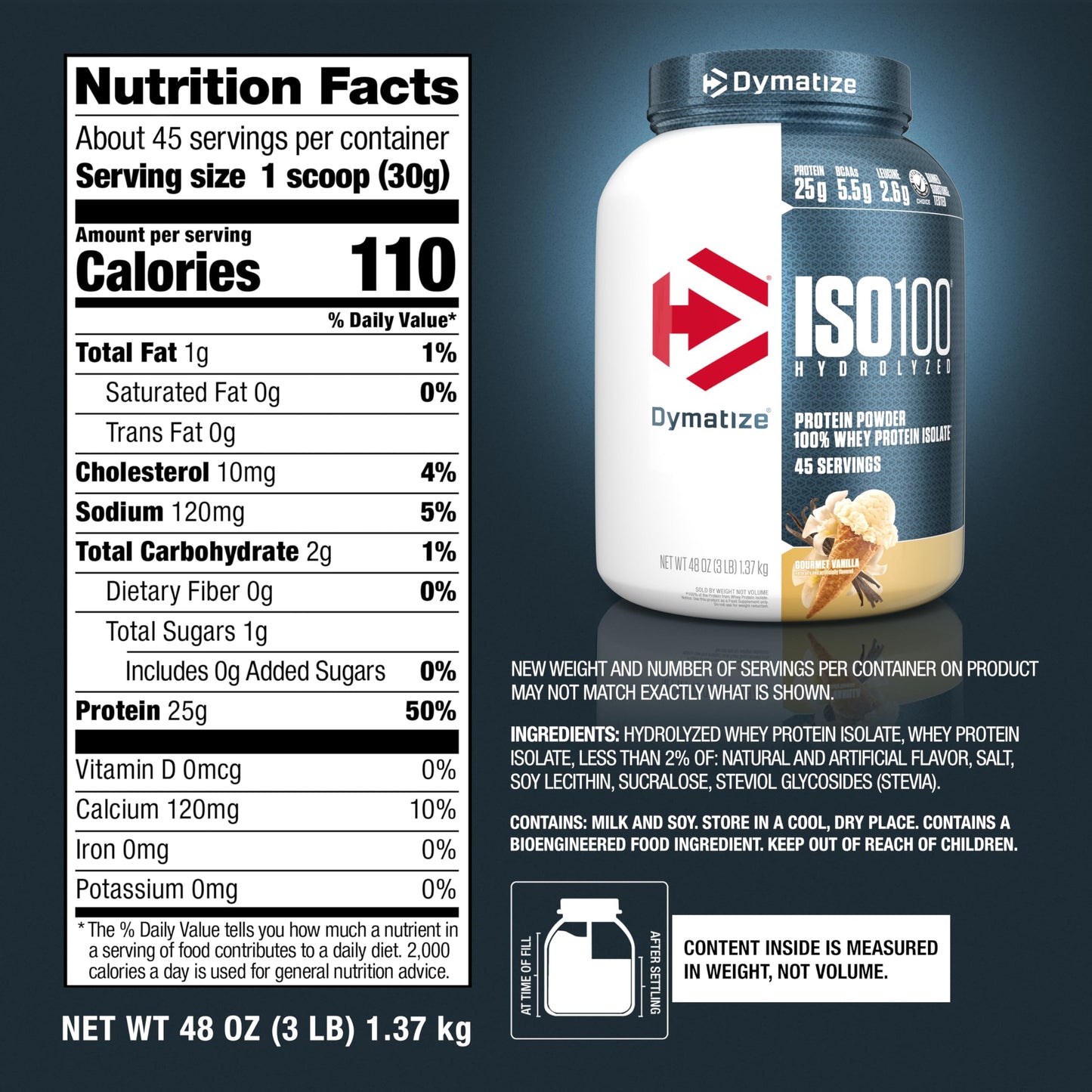 Dymatize ISO100 Whey Protein Powder Isolate, Gourmet Chocolate, 25g of Protein, 20 Servings, 5.5g BCAAs, Less Than 120 Cal., Gluten Free, 1g Fat, 1g Sugar, 2g Carb
