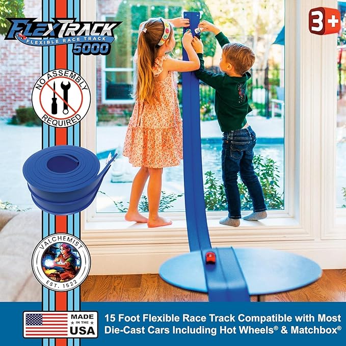 FlexTrack 5000 Flexible Race Car Track for Kids Toy with Suction Cups Compatible with Hot Wheels and Diecast 1/64th Cars and More 15 Feet Long Rolls Up Portable Racetrack (Racing Blue) Nirvana Guru