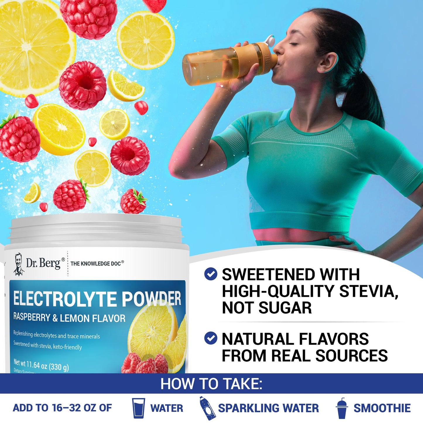 Dr. Berg Zero Sugar Hydration Keto Electrolyte Powder - Enhanced w/ 1000 mg of Potassium & Real Pink Himalayan Salt (NOT Table Salt) - Raspberry & Lemon Flavor Hydration Drink Supplement, 100 Servings Nirvana Guru