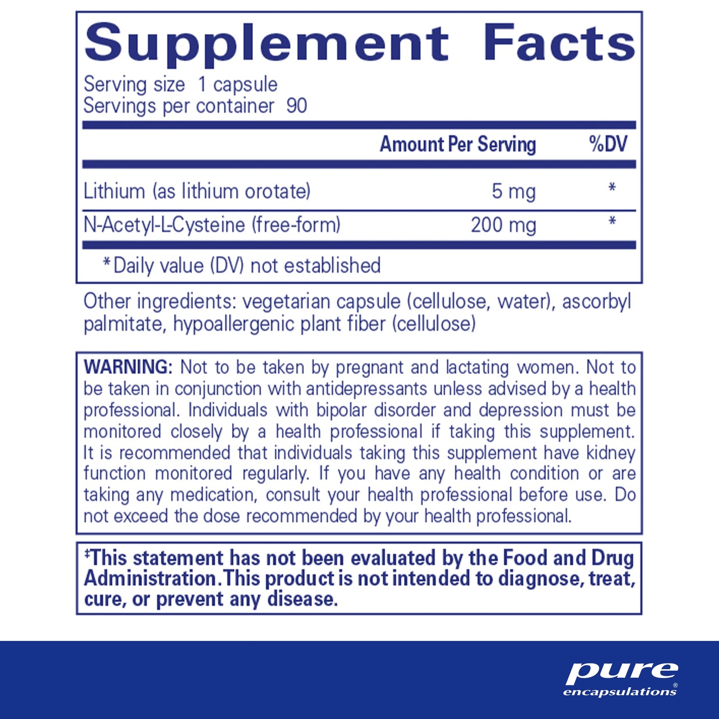Pure Encapsulations Lithium Orotate 5 mg - Brain Support Supplement - with N-Acetyl-L-Cysteine (NAC) for Memory & Brain Behavior* - Gluten Free & Non-GMO - 90 Capsules - Nirvana Guru