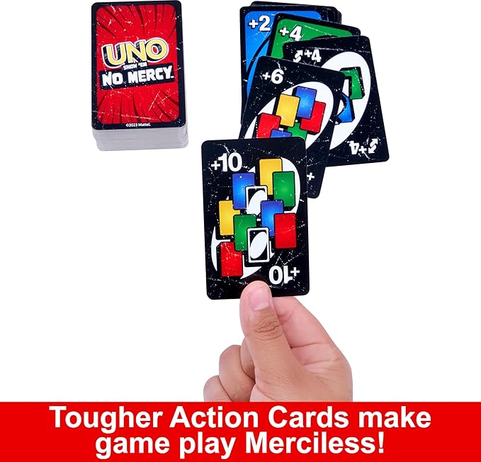 Mattel Games UNO Show ‘em No Mercy Card Game in Storage & Travel Tin for Kids, Adults & Family Night with Extra Cards, Special Rules & Tougher Penalties (Amazon Exclusive) nirvanaguru