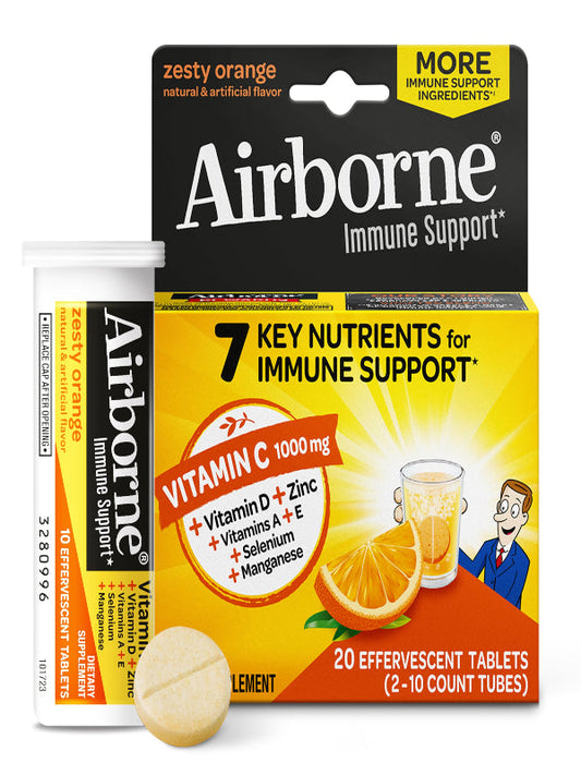 Airborne 1000mg Vitamin C With Zinc Effervescent Tablets, Immune Support Supplement With Powerful Antioxidants Vitamins A C & E - 20 Fizzy Drink Tablets, Zesty Orange Flavor Nirvana Guru