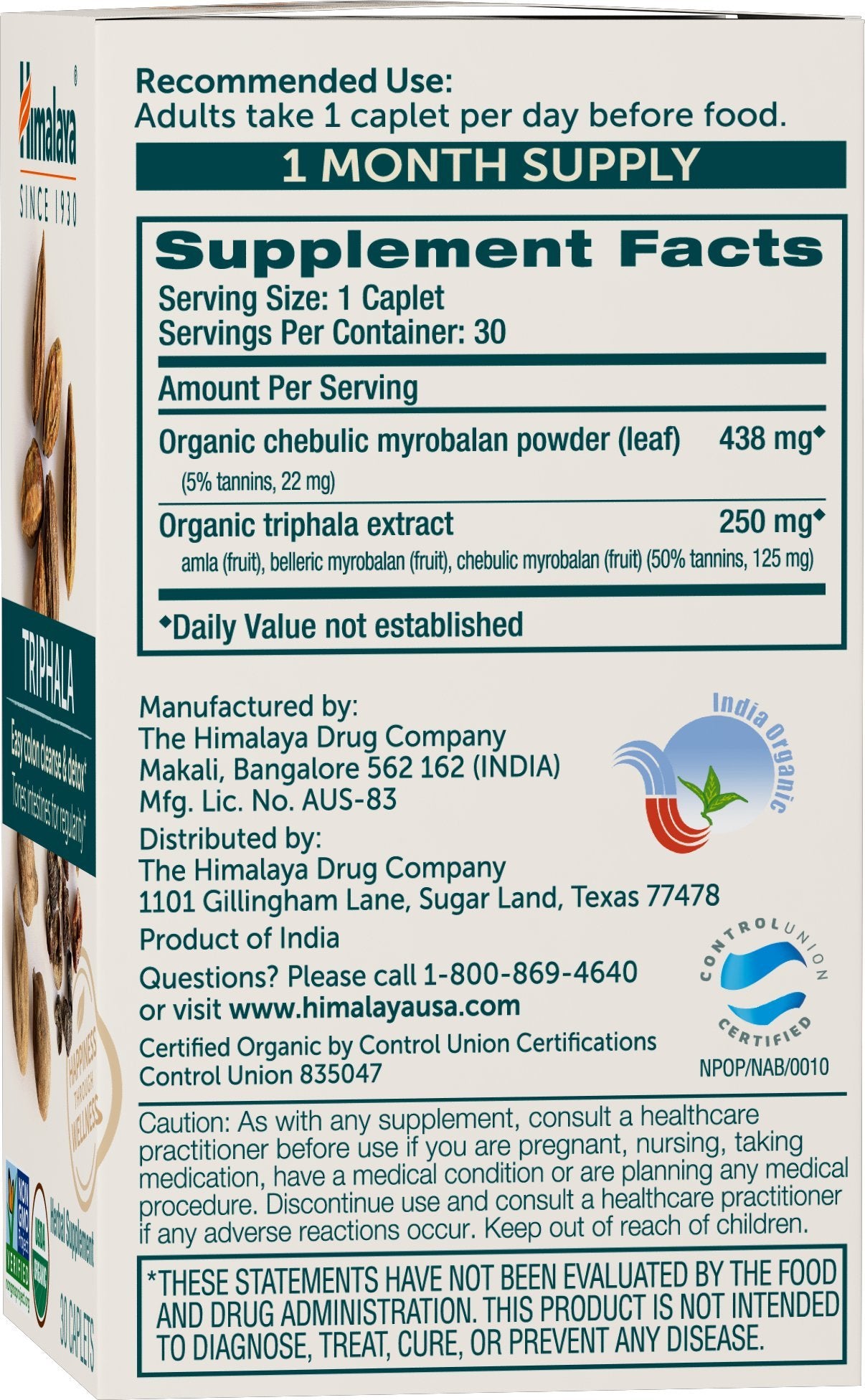 Himalaya Organic Triphala, 2 Month Supply, for Colon Cleanse, Detox & Occasional Constipation, USDA Certified Organic, Non-GMO, Gluten-Free, Extract & Powder Herbal Supplement, 688 mg, 60 Caplets - Nirvana Guru