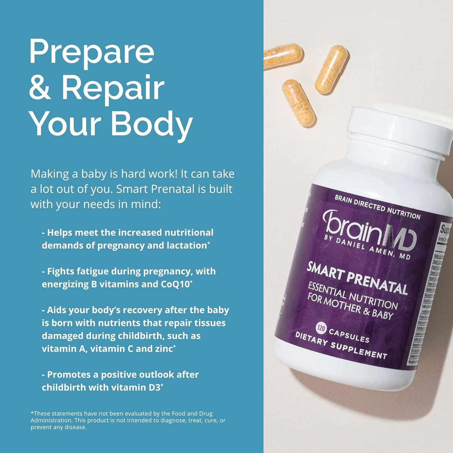 Dr Amen BrainMD Smart Prenatal - 120 Capsules - Multivitamin for Mom & Baby, Promotes Healthy Pregnancy & Growth & Development In Babies - Gluten-Free - 30 Servings Nirvana Guru