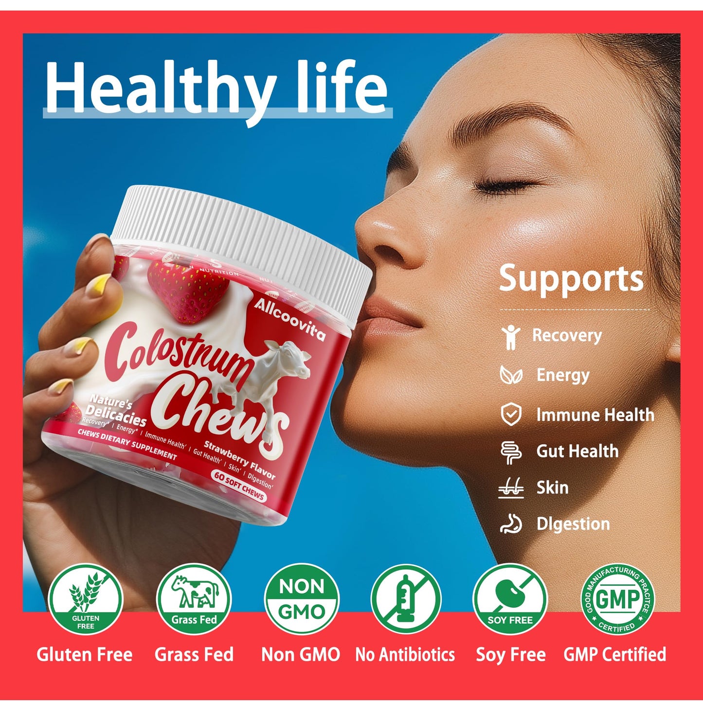 Bovine Colostrum Chews Supplement with probiotics for Gut Health, Bloating, Immune Support, Skin, Hair Growth and Beauty - Strawberry Flavor (60 Servings) Nirvana Guru