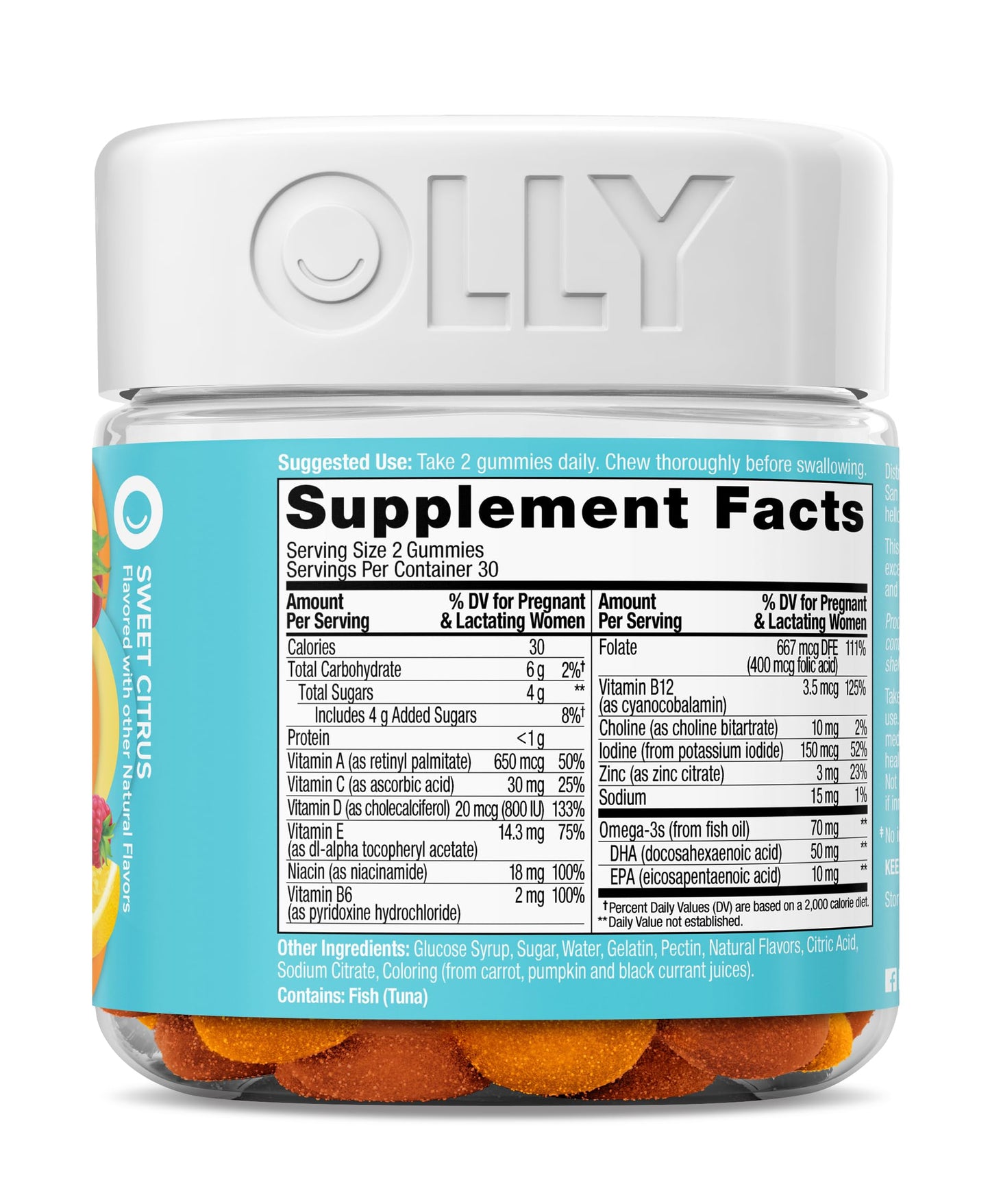 OLLY Prenatal Multivitamin Gummy, Supports Healthy Growth and Brain Development, Folic Acid, Vitamin D, Omega 3 DHA, Chewable Supplement, Citrus Berry Flavor, 30 Day Supply - 60 Count