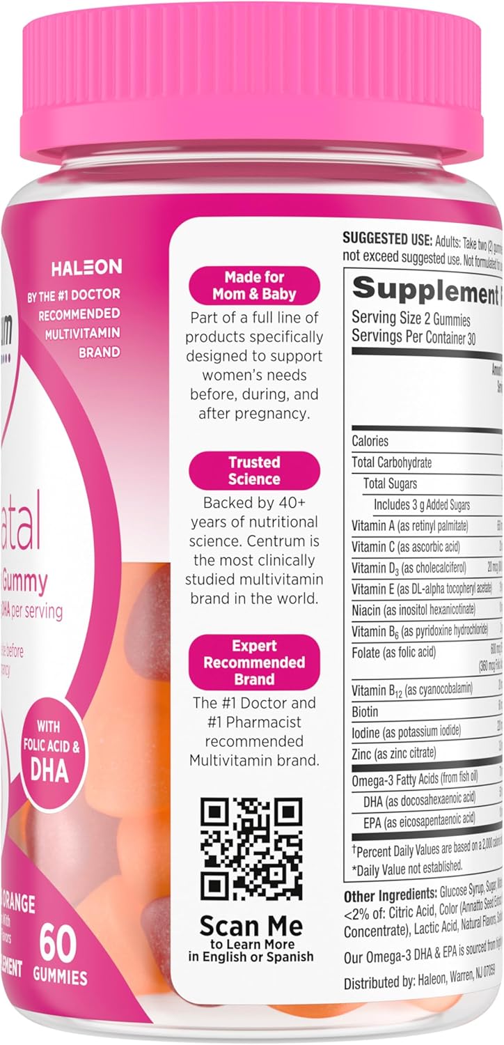 Centrum Prenatal Multivitamin Gummies with DHA and Folic Acid, Mixed Berry and Orange Flavors - 60 Count, 30 Day Supply Nirvana Guru