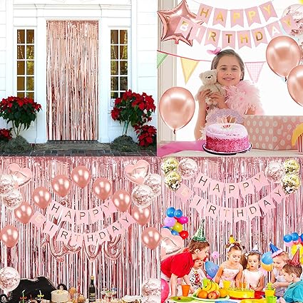 Rose Gold Birthday Party Decorations, Happy Birthday Banner, Rose Gold Fringe Curtain, Heart Star Foil Confetti Balloons, Hanging Swirls for Women Girls Birthdays Princess Party Nirvana Guru