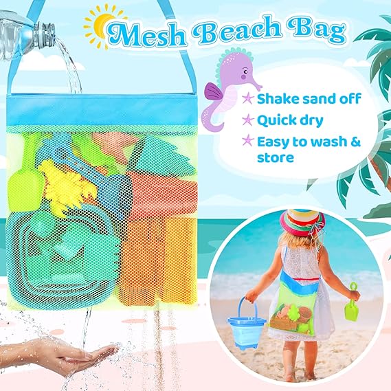 Collapsible Beach Toys for Kids Toddlers, Collapsible Sand Bucket and Shovels Set with Mesh Bag,Travel Sand Castle Building Kit, Sandbox Toys, Foldable Beach Essentials for Toddlers Kids Age 3-10 nirvanaguru
