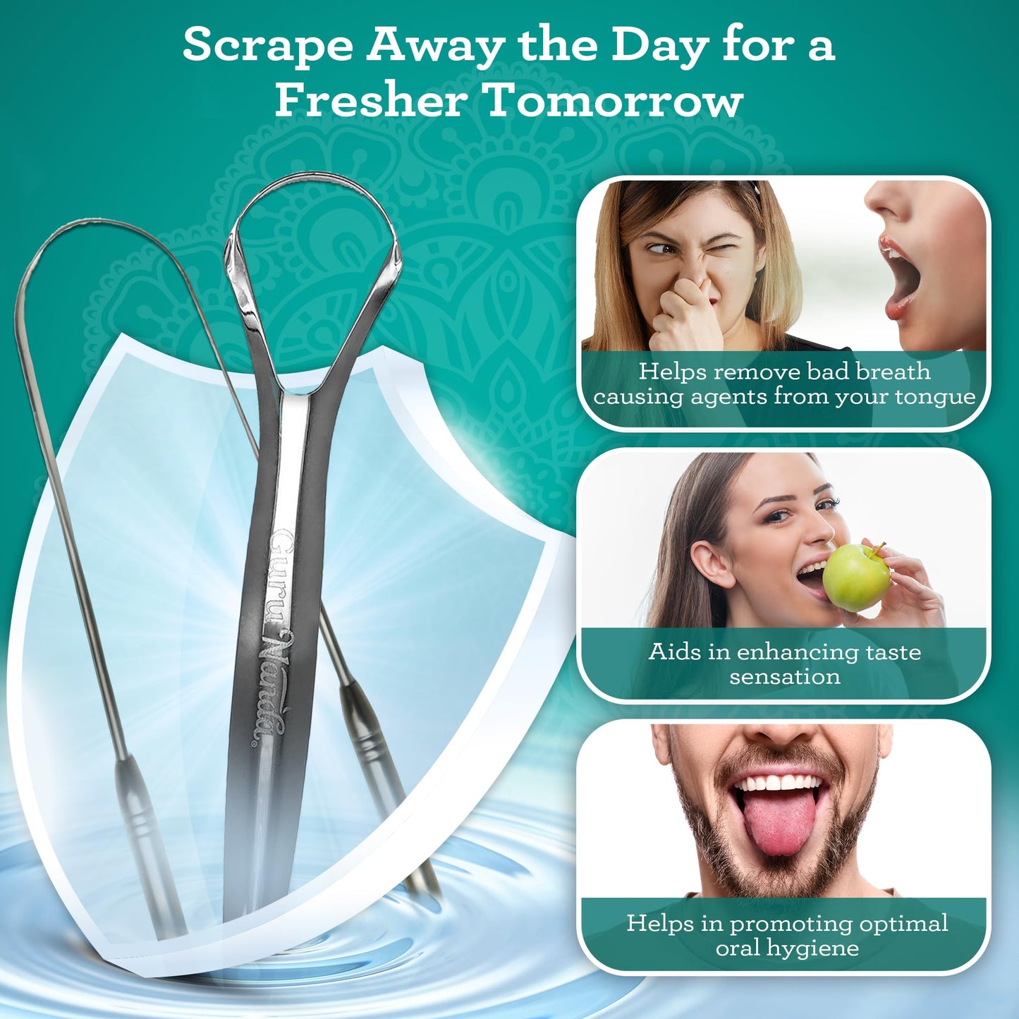 GuruNanda Tongue Scraper for Adults (2 Pack) with Travel Case, 420 Medical-Grade 100% Stainless Steel Tongue Cleaner, Aids in Fresh Breath & Oral Care Nirvana Guru