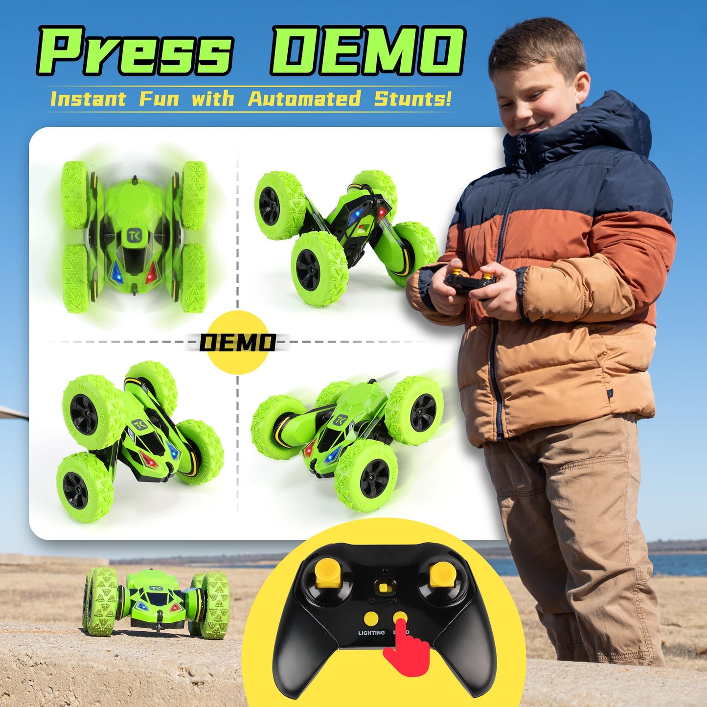 Threeking RC Stunt Cars Remote Control Car Double-Sided Driving 360-degree Flips Rotating Car Toy, Green Nirvana Guru