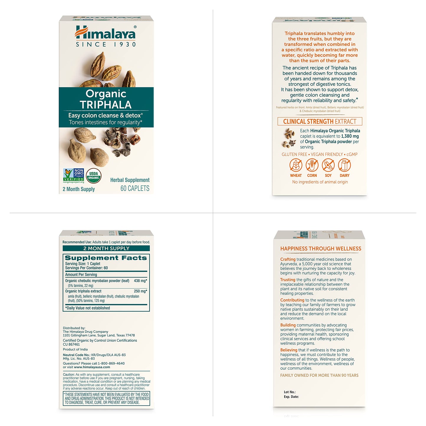 Himalaya Organic Triphala, 2 Month Supply, for Colon Cleanse, Detox & Occasional Constipation, USDA Certified Organic, Non-GMO, Gluten-Free, Extract & Powder Herbal Supplement, 688 mg, 60 Caplets - Nirvana Guru