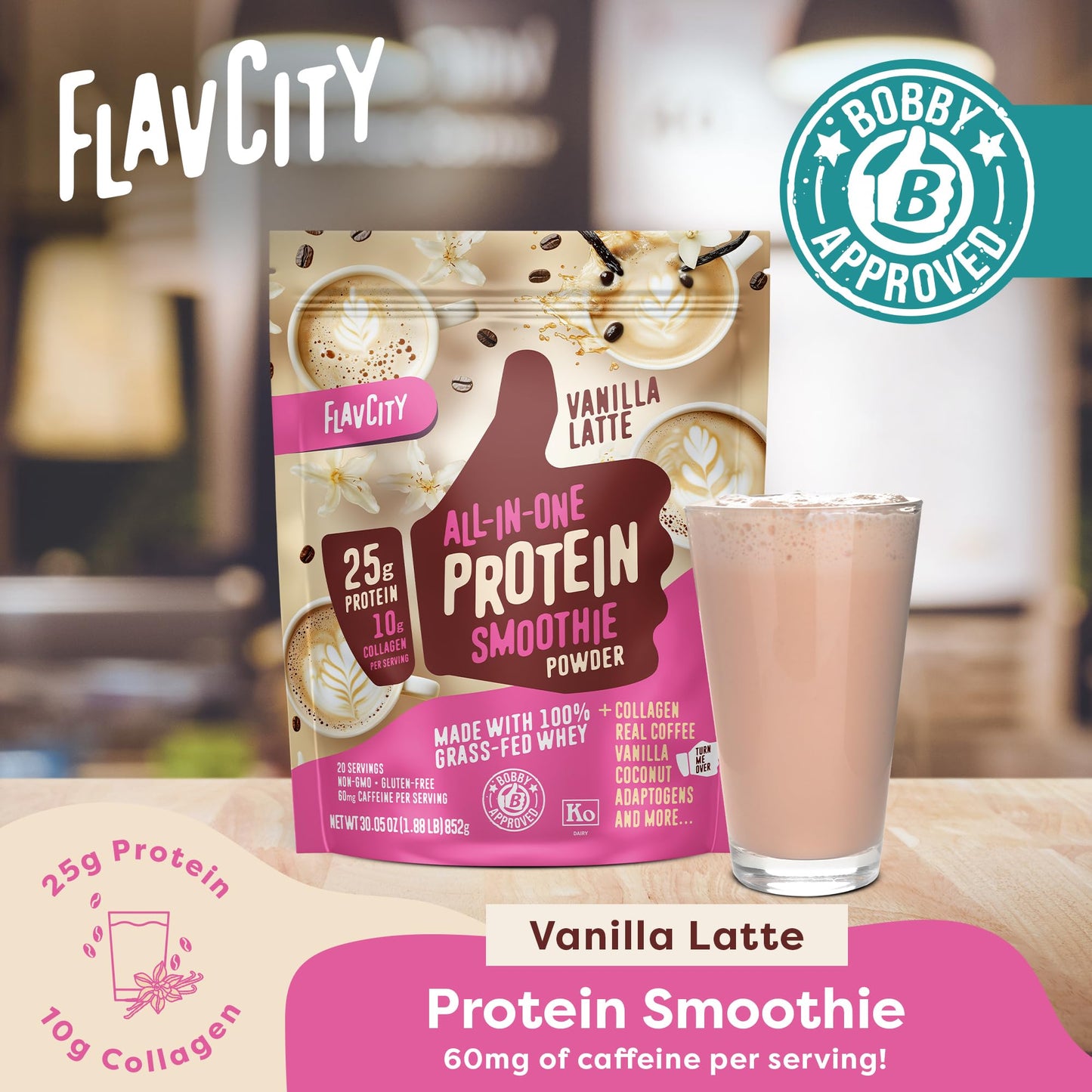 FlavCity Grass Fed Whey Protein Powder - Vanilla Smoothie - 25g Protein & 10g Collagen - Made with Real Vanilla Bean & Organic Coconut Milk - Gluten Free & No Added Sugars (20 Servings)