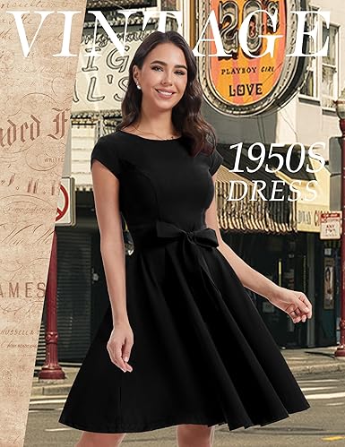 Dressystar Women's Vintage Cap Sleeve A Line Cocktail Party Dress 1950s Retro Rockabilly Prom Swing Dresses nirvanaguru